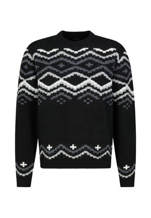 Schwarzer Pullover mit rundem Ausschnitt und langen Ärmeln, mit einem geometrischen Muster in Weiß und Grau über der Brust und dem Saum.