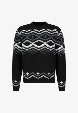 Black sweater with a round neckline and long sleeves, features a geometric pattern in white and gray across the chest and hem.