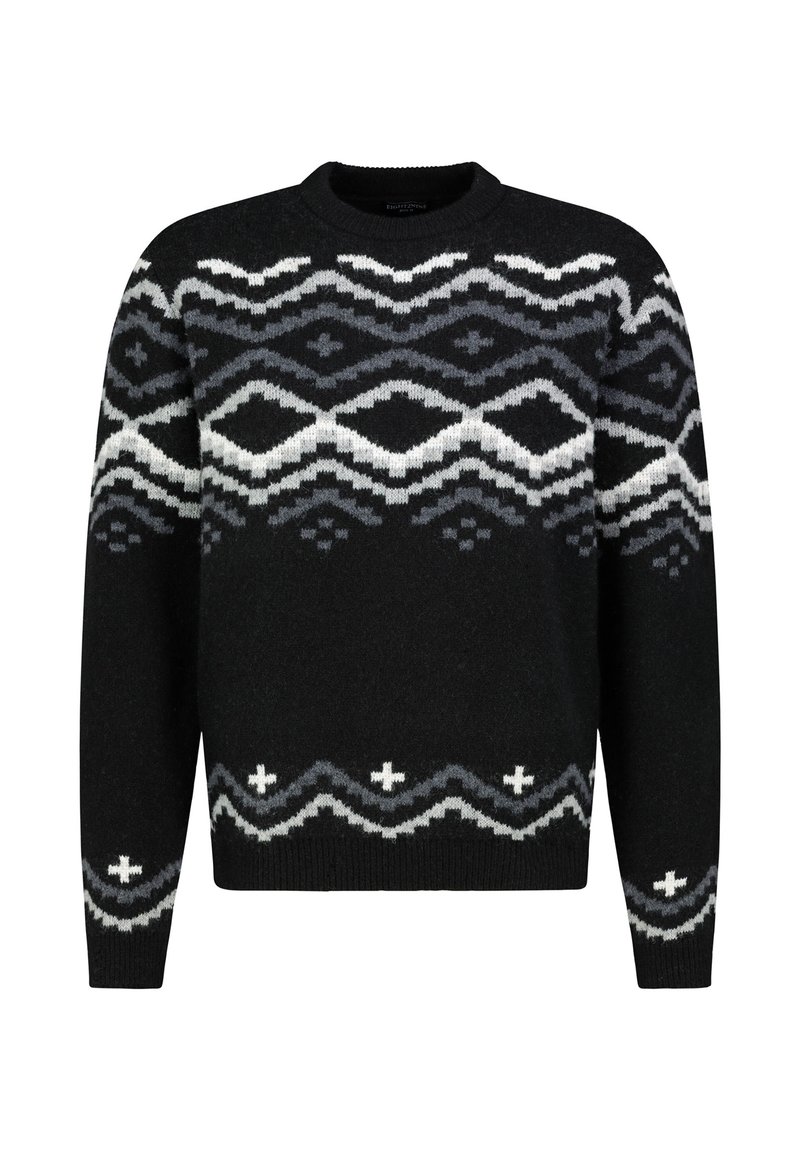 Zwarte trui met een ronde halslijn en lange mouwen, voorzien van een geometrisch patroon in wit en grijs op de borst en de zoom.