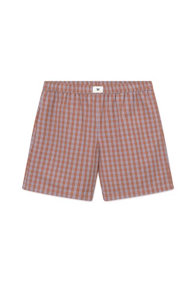Boxer pour hommes à carreaux gris et orange avec ceinture élastique et petite étiquette logo blanche centrée en haut.