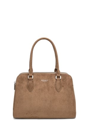 Sac à main en daim marron avec doubles poignées, fermeture éclair argentée et logo "DIANA&CO FIRENZE" au centre à l'avant.