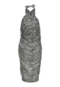 Ärmelloses Neckholder-Kleid mit schwarz-weißem Zebramuster, taillierte Silhouette und Knoten-Detail am Hals.