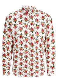 Biała koszula zapinana na guziki z kwiatowym wzorem czerwonych róż i zielonych liści. Długie rękawy i standardowy kołnierzyk. Miękka faktura tkaniny.