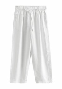 Bílé lněné kalhoty typu culottes s elastickým pasem, stahovací šňůrkou a postranními kapsami; volný střih a lehká textura.