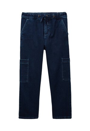 Pantalon cargo en denim bleu foncé avec une taille élastique, un cordon de serrage, des poches latérales et des jambes droites.