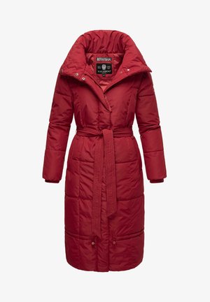 Red padded coat with a high collar, belted waist, and long sleeves. Features a quilted design and drawstring detail at the hem.