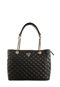Borsa a tracolla nera trapuntata in materiale sintetico, con manici a catena in tono oro e hardware con logo. Forma rettangolare con design strutturato.