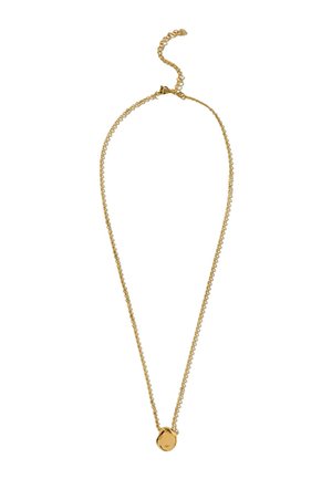 Halskette aus feiner Goldkette mit kleinem, poliertem ovalem Anhänger und verstellbarem Verschlusserweiterer auf weißem Hintergrund.