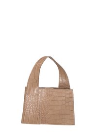 Borsa beige con motivo coccodrillo, dalla forma strutturata, manico corto e texture in pelle liscia. Presenta cuciture lungo i bordi.