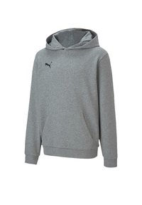 Šedá mikina s kapucí vyrobená z měkké látky, s klokaní kapsou, žebrovanými manžetami a malým černým logem na hrudi.