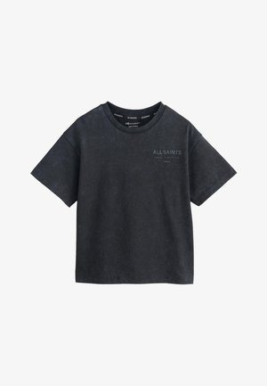 Sort T-shirt med korte ærmer med "ALLSAINTS" og lille japansk tekst trykt på venstre bryst, rund hals, let slidt tekstur.