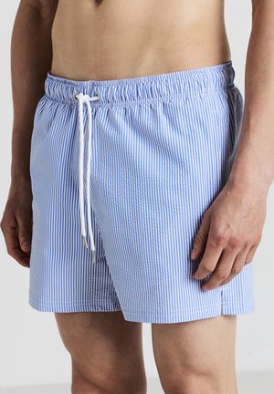 Blue striped swim shorts with an elastic waistband, drawstring closure, and a lightweight fabric. Features vertical white and blue stripes.