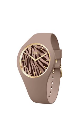 Reloj de pulsera de silicona color topo con detalles dorados, esfera con patrón de cebra, marcadores de hora dorados y dos agujas doradas que marcan las 10:10.