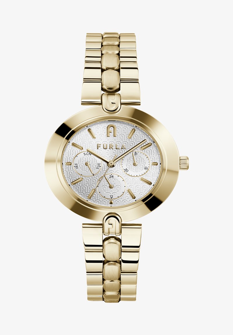 Orologio da polso dorato con quadrante argentato a motivo, dotato di tre sottodial, display della data e design della fascia a maglie.