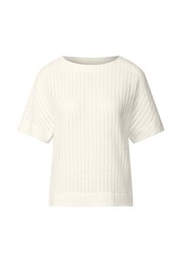 Top court en tricot blanc à manches courtes avec un motif texturé, un col large et une coupe décontractée. Matière légère et respirante idéale pour un port décontracté.