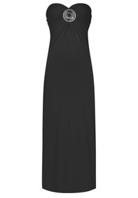Mustapuku strapless-maksimekko, jossa on kerätty kangas ja koristeellinen pyöreä yksityiskohta rinnan kohdalla, ja joka esittelee sileän ja virtaavan siluetin.