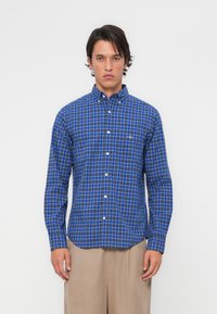 Blue and white checked long-sleeve shirt with a button-down collar and front placket, made of light fabric with a smooth texture.