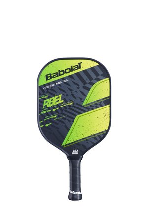 Babolat RBEL pickleball paddle med et design i sort og neongrøn. Har en tekstureret overflade, et bredt greb og dristige grafikker.