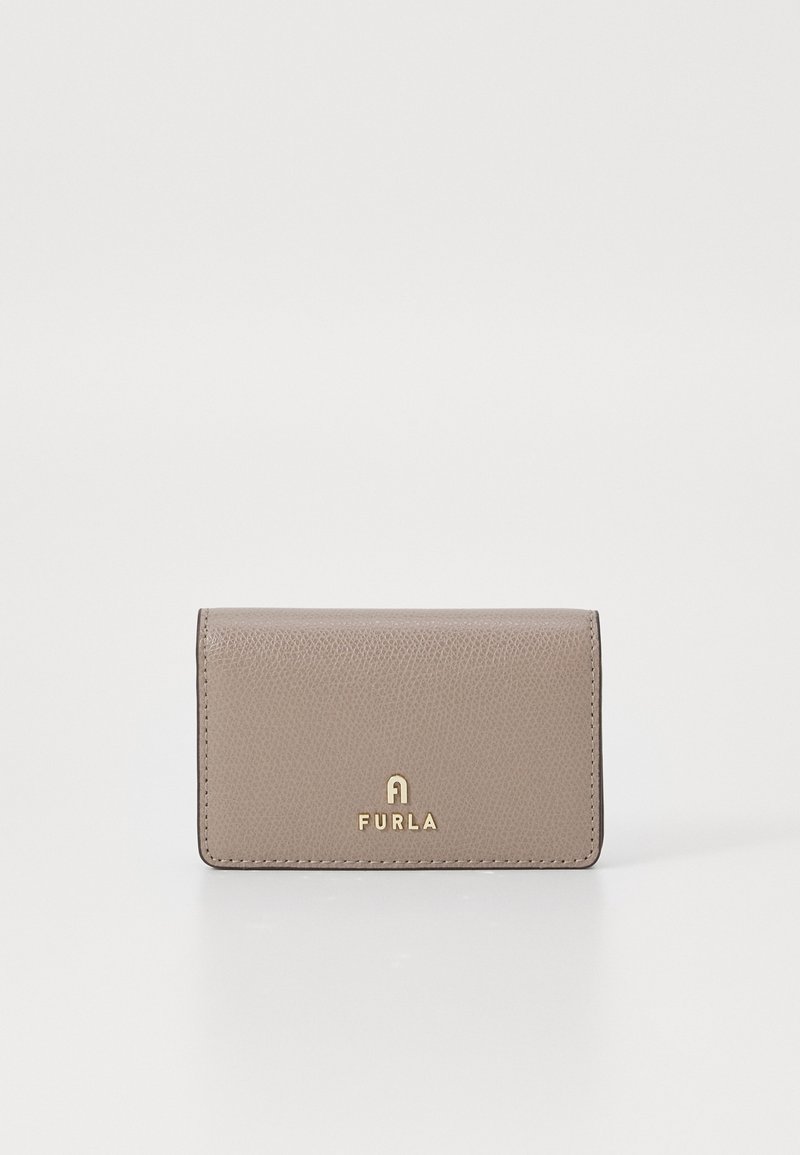 Gray leather wallet with a textured surface, featuring a gold logo on the front and a compact rectangular shape.