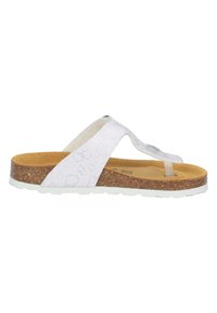 White flip-flop sandal with embossed heart patterns, cork footbed, clear strap, and a textured white outsole.