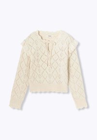 Un pull crème avec un motif en losanges, des accents en dentelle sur les épaules, un col à nouer et des bords festonnés aux poignets et à l'ourlet.