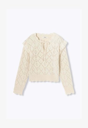 Un pull crème avec un motif en losanges, des accents en dentelle sur les épaules, un col à nouer et des bords festonnés aux poignets et à l'ourlet.