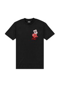 Sort bomuld t-shirt med en rød tegneserie hjertefigur, der holder et skilt med teksten "HVORDAN MED NEJ?" i fed sort tekst.
