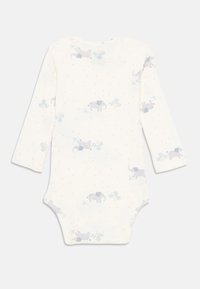 Langermet baby bodysuit i myk kremfarget stoff, med et lekent grått elefantmønster og lyse oransje prikker.