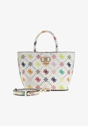 Sac à main blanc avec logos et motifs entrelacés multicolores, fermoir doré, poignées supérieures et bandoulière amovible à côté.
