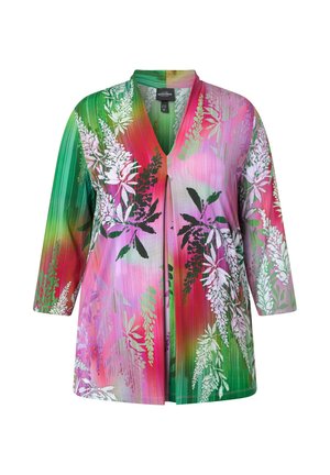 Langærmet åben-front damesjakke med pink, grøn og rød gradient og hvidt blomsterprint, V-hals og løs pasform.