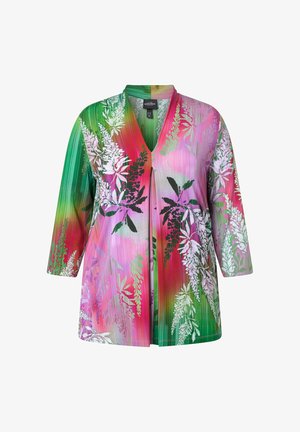 Damesjack met lange mouwen en open voorkant, met een roze, groene en rode kleurovergang en witte bloemenprint, V-hals en een losse pasvorm.