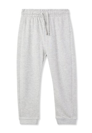 Jasnoszare dresy z elastycznym pasem, regulowanym sznurkiem i zwężanymi mankietami. Miękka faktura materiału z delikatnym melanżem.