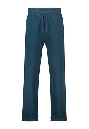 Marineblaue Jogginghose mit elastischem Bund und Kordelzug, geradem Bein-Design und kleinem Logoaufnäher auf der vorderen rechten Seite.