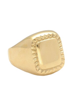 Gouden zegelring met een vierkante bovenkant, voorzien van een getextureerde rand met spitse accenten, een gladde afwerking en een gepolijste oppervlak.