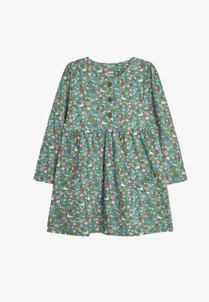 Langärmliges Kleid in Türkis mit einem floralen Muster. Verfügt über Holzknöpfe und Raffung an der Taille. Zwei seitliche Taschen sind enthalten.
