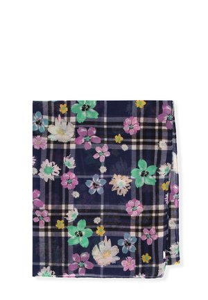 Sciarpa con fantasia floreale su sfondo blu scuro e design a scacchi beige. Caratterizzata da fiori colorati con accenti in rosa, verde e giallo.