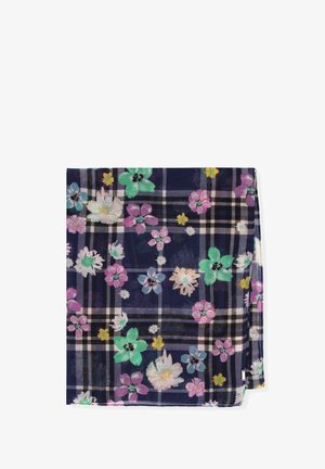 Foulard à motifs floraux avec un fond bleu marine sombre et un design à carreaux beige. Présente des fleurs colorées avec des accents en rose, vert et jaune.