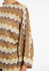 Gebreide trui met wijde mouwen en zigzagpatronen in bruin, beige, lichtblauw en pasteltinten op het bovenlichaam van een persoon.