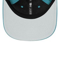 Baseball cap with a white front, black underside, and teal accents. Features stitching details and six-panel construction.