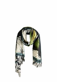 Taisnstūrveida šalle no viegla auduma, ar melnu, balti un zaļu botānisku rakstu, bārkstīm uz galiem un tirkīza akcentu.