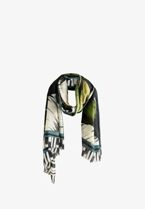 Suorakaiteen muotoinen kevyt huivi, jossa on musta-, valko- ja vihreä kasvikuviointi, hapsureunat ja turkoosi korostus.