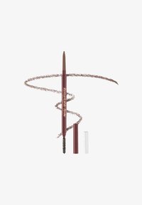 Brauner Augenbrauenstift mit spiralförmiger Form, der an einem Ende einen Pinsel und einen Deckel hat. Der Stift ist in Gold mit "Remarkable Brow" beschriftet.