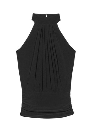 Black sleeveless halter top with high neckline, pleated front, and ruched hem detail.