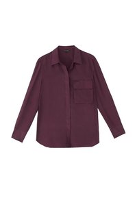 Chemise à manches longues violet foncé avec boutons, col et une grande poche sur le côté gauche de la poitrine.