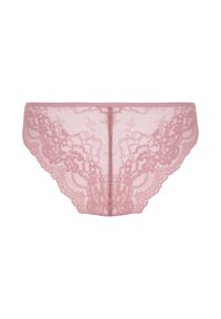 Spitzen-Bikini-Unterwäsche in sanftem Rosa, mit floralem Muster, gewellten Kanten und durchscheinendem Material. Dehnbund für Komfort.