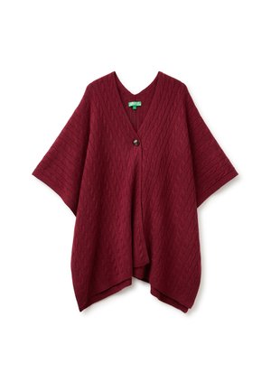 Dunkelroter, gestrickter Poncho mit Zopfmuster, V-Ausschnitt, kurzen breiten Ärmeln und Einzelknopfverschluss vorne.