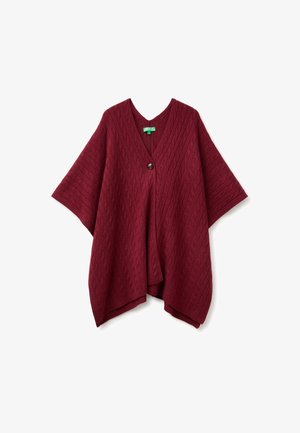 United Colors of Benetton, WIDE OPEN CAPE WITH BUTTON, ALL OVER CABLES STITCHES... - Poncho - red