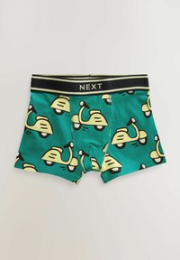 Boxers pour homme en teal avec un motif de scooter en jaune et noir. Présentent une ceinture noire avec la marque "NEXT" en impression claire.