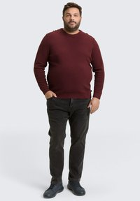 Bordeauxfarbener Strickpullover mit Rundhalsausschnitt, kombiniert mit dunklen Jeans. Das Modell trägt marineblaue Sneakers und steht vor einem hellgrauen Hintergrund.