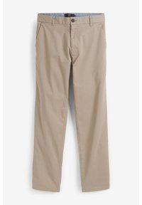 Beige Baumwollhosen mit glatter Textur, ausgestattet mit einem geraden Beinschnitt, einem einzigen Knopfverschluss und Fronttaschen.